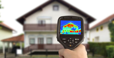 Personne avec pistolet thermique analysant la déperdition thermique d'une maison