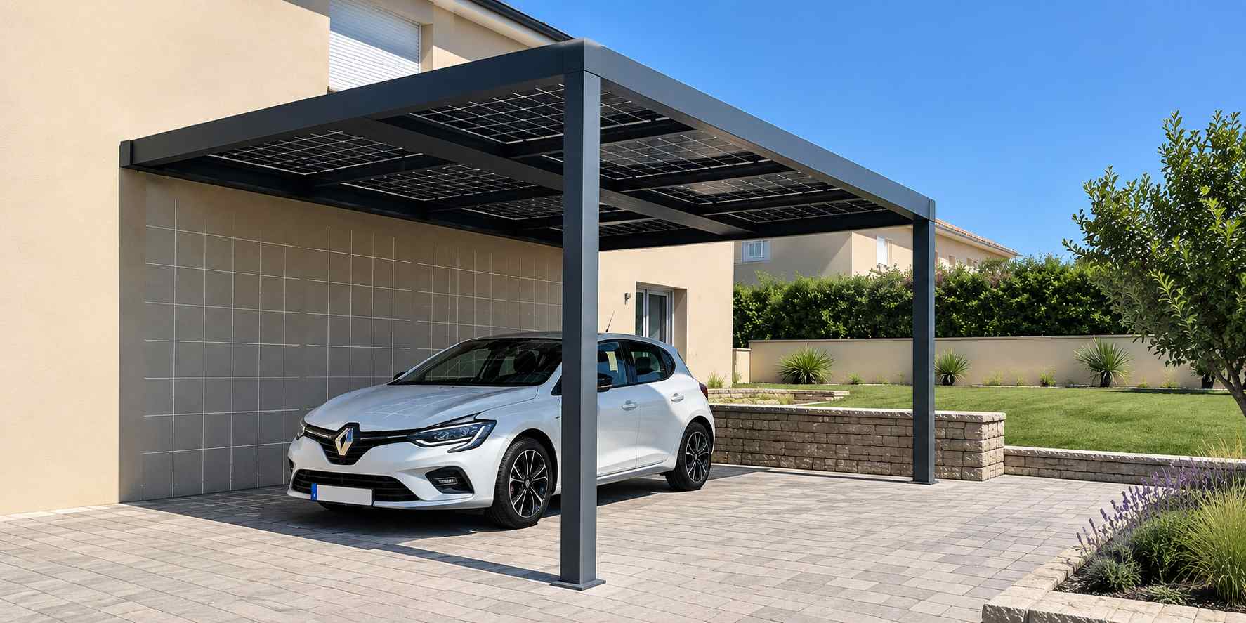 Abri solaire photovoltaïque attenant à une maison