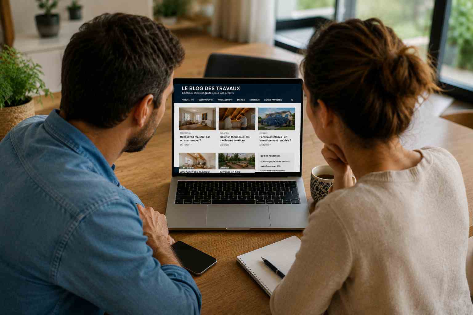 Couple consultant le blog CHS Heaven Energy sur un ordinateur portable pour préparer ses travaux