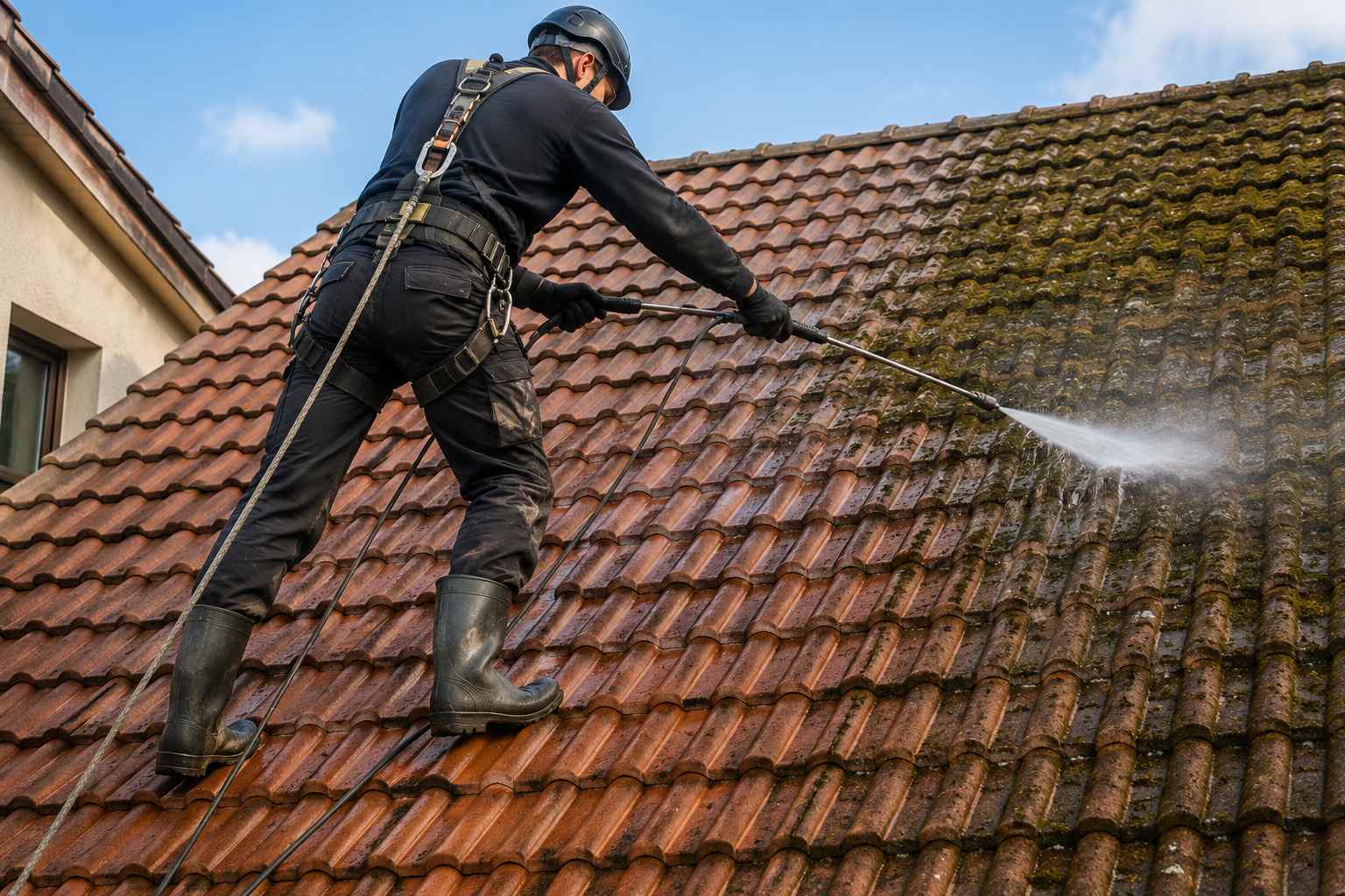 Couvreur nettoyant une toiture remplie de mousse et de lichens