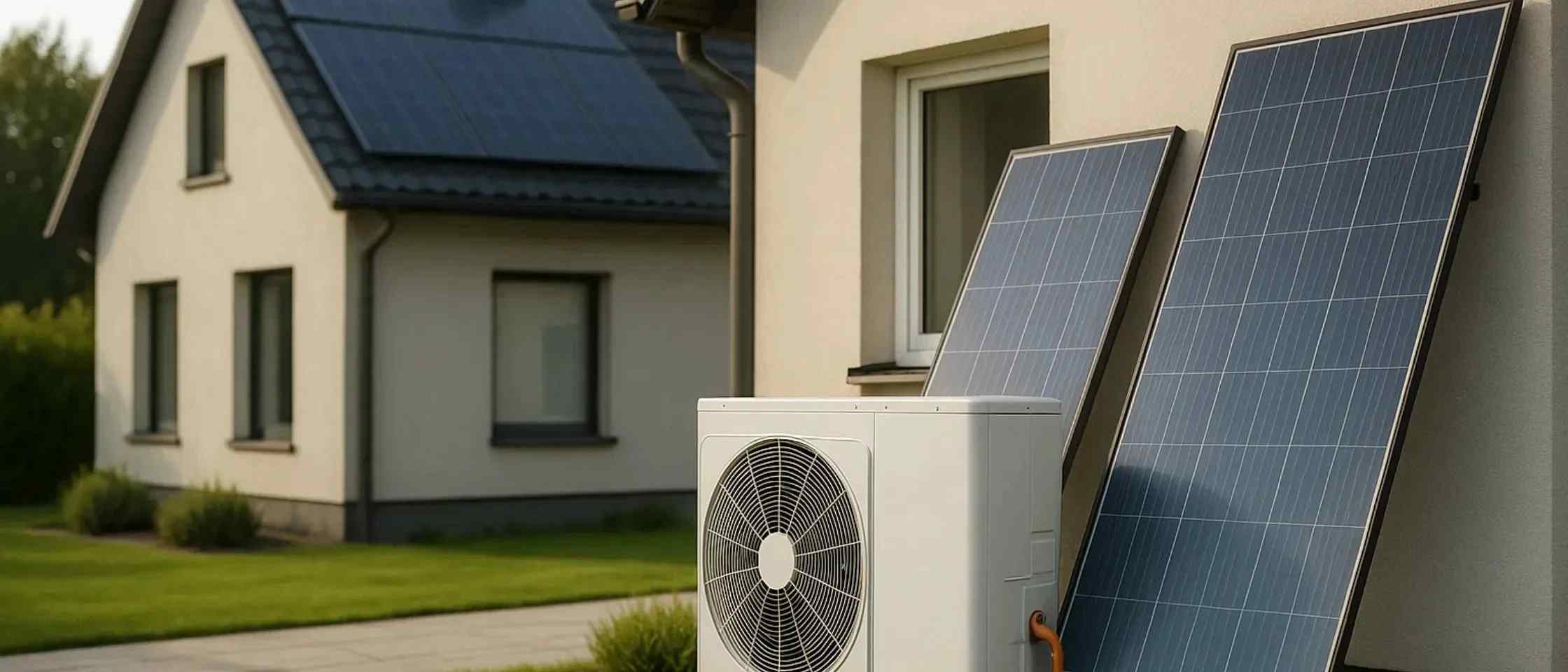 Pompe à chaleur associée à des panneaux solaires sur une maison individuelle