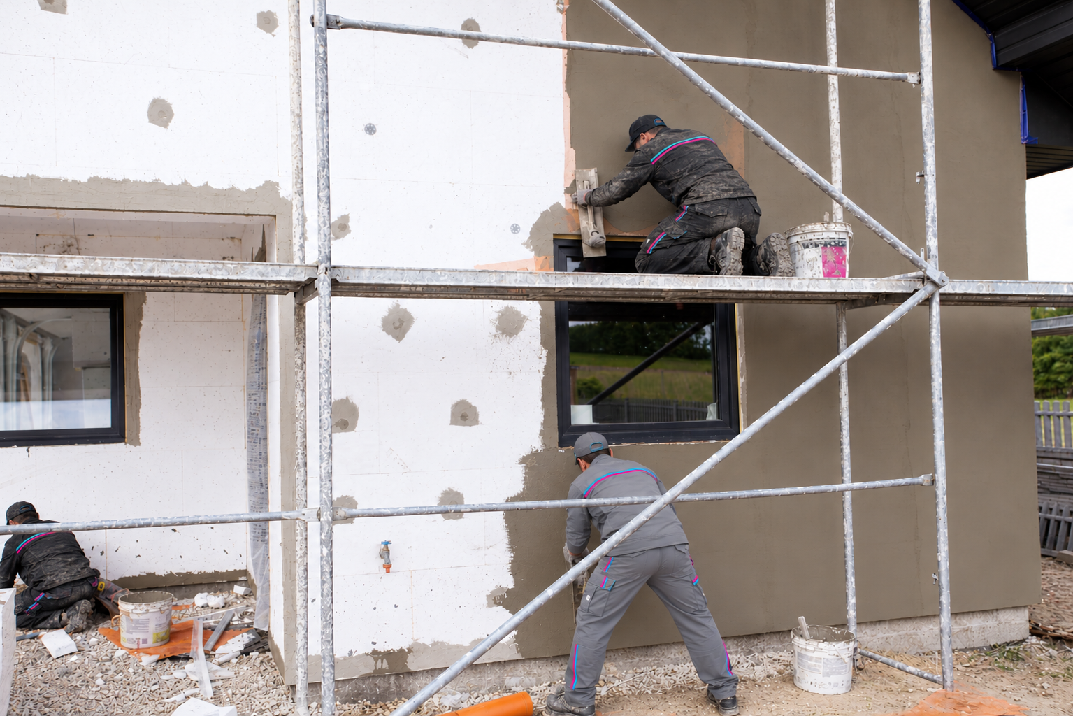 Isolation thermique d'un mur de maison par l'extérieur avec pose d'enduit de finition
