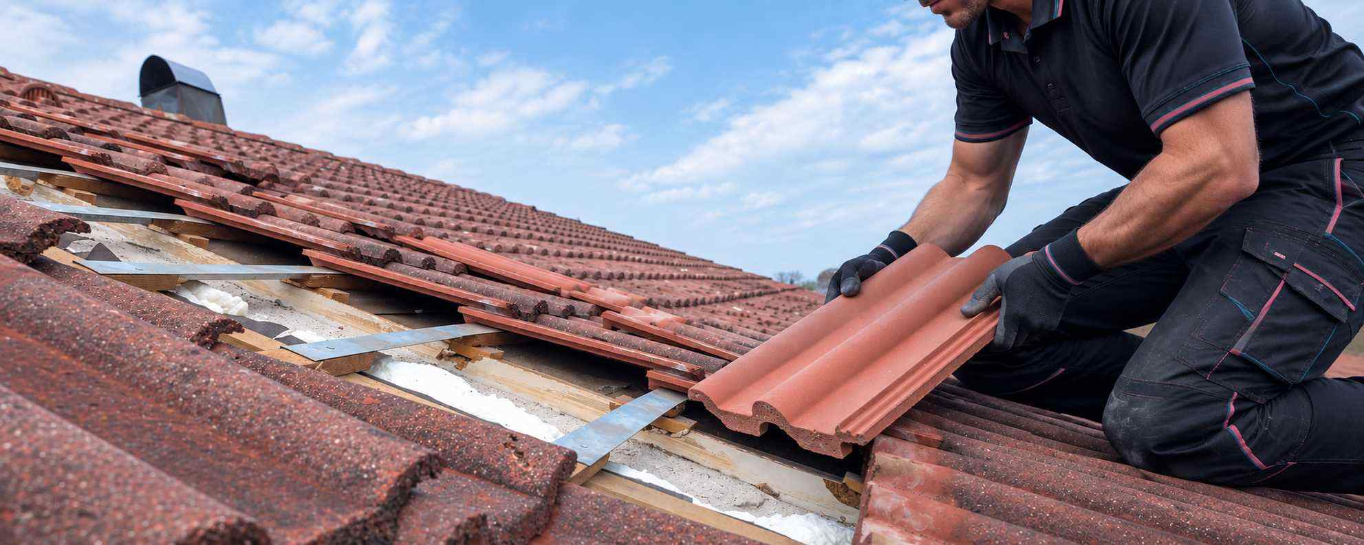 Artisan couvreur réparant une toiture en tuiles rouges